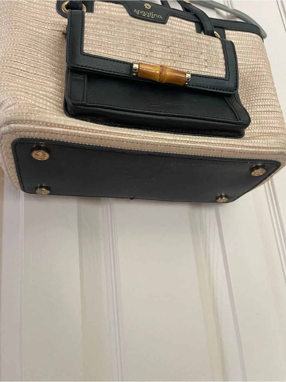 Spartina 449 Ebony Bamboo Chic Straw Tote Black Leather Bamboo Accent